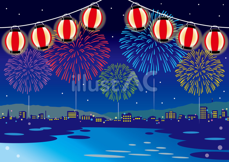 街並みと提灯と花火02_25 夏祭り,花火,はなびのイラスト素材