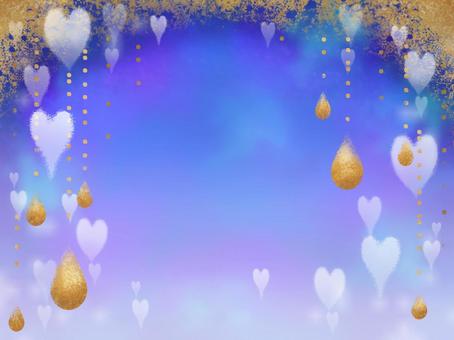 Blue gradient background frame with white heart and gold leaf drops, , JPG