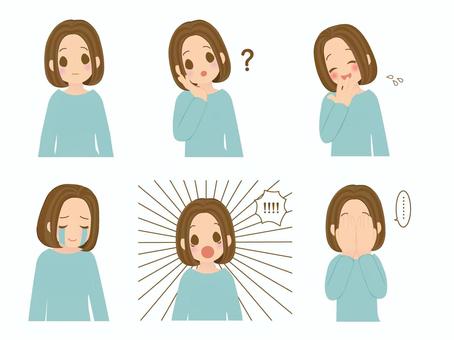 色んな表情の女性② 女性,大人,母親,上半身,正面,リアクション,水色,人,白背景,茶髪のイラスト素材