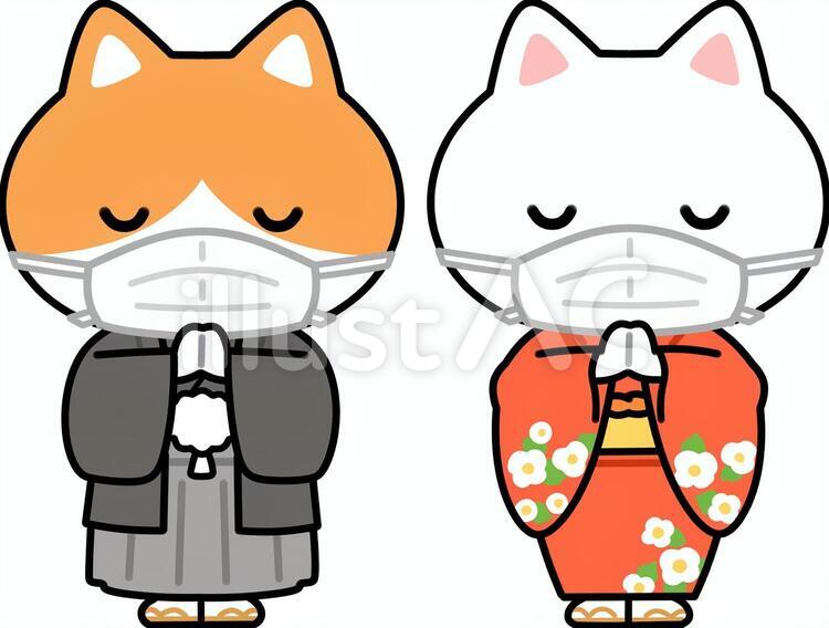 マスクをして手を合わせる猫 猫,動物,マスクのイラスト素材