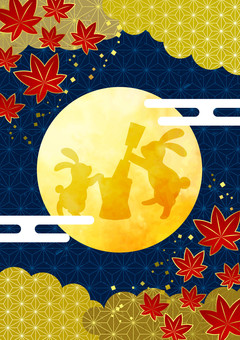 Autumn2513 満月,うさぎ,紅葉,雲,夜,葉,麻の葉模様,和風,和柄,お月見のイラスト素材