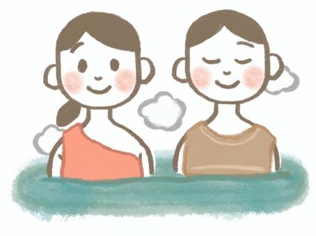入浴着を着て温泉に入る女性 入浴着,温泉,お風呂,湯あみ,湯浴み着,入浴,バスタイム,リラックス,安心,安らぎのイラスト素材