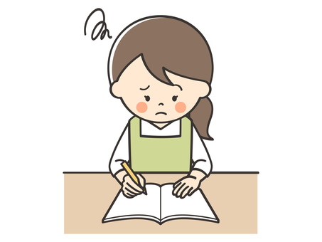 問題が解けないエプロンの女性 勉強,学習,学ぶ,悩む,困る,考える,わからない,解けない,難しい,疑問のイラスト素材