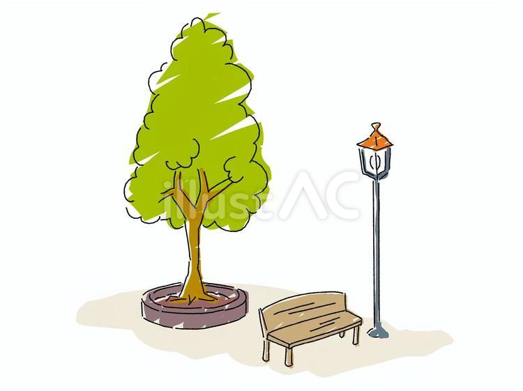 手描きの公園の片隅のベンチと街灯と木 公園,木,ベンチのイラスト素材