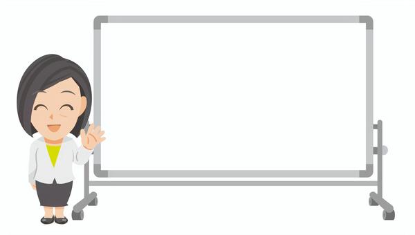 白板傍で手を振る年配ビジネス女性のSD② 先生,教師,教員,指導員,スーツ,ビジネス,会社,手を振る,バイバイ,見送るのイラスト素材