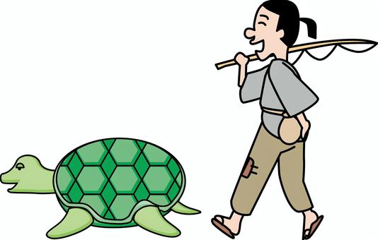 浦島太郎　 浦島太郎,亀,歩く,恩返し,昔話,甲羅,青年,横向き,線画のイラスト素材