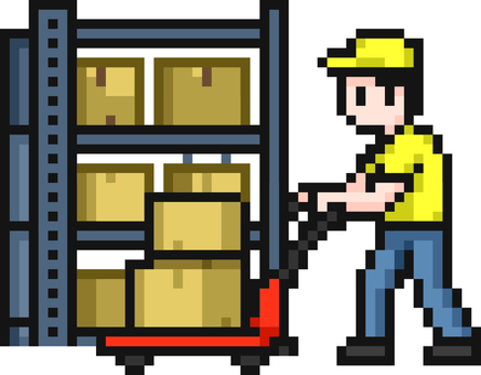 ドット絵の倉庫で働く黄色の作業員です。 ドット絵,作業員,シンプル,段ボール,台車,配送,運搬,荷物,引っ越し,倉庫のイラスト素材