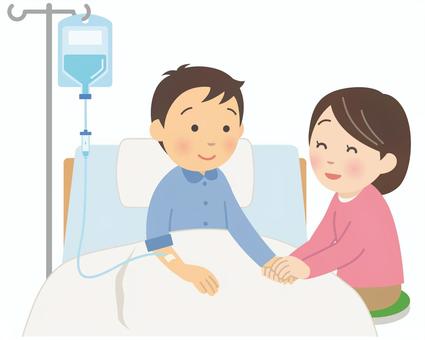 入院している夫を心配して手を握る妻 入院,患者,看病,励ます,怪我,病気,病院,手を握る,夫婦,病室のイラスト素材