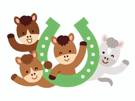 午年／蹄鉄から顔を出すかわいい馬たち 馬,動物,干支,午年,蹄鉄,馬鉄,競馬,元気,ポジティブ,ポーズのイラスト素材