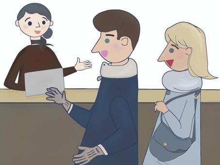 受付と外国人ゲスト1 ホテル,受付,フロント,女性スタッフ,案内,パソコン,接客,ビジネス,サービス業,観光のイラスト素材