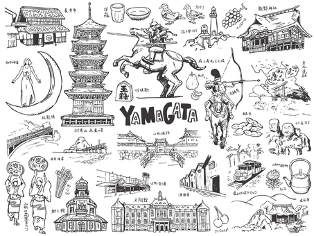 山形県の観光名所、名産、文化のイラスト 山形県,日本,観光,旅行,東北,手描き,モノクロ,線画,神社,お祭りのイラスト素材