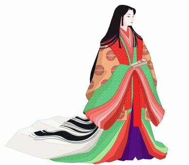 十二単斜め顔横むき女性 十二単,リアル,平安朝,女性,全身のイラスト素材