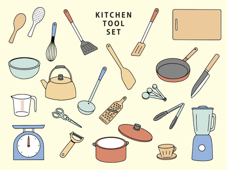 キッチンツールセット キッチンツール,しゃもじ,フライ返し,泡立て器,ヘラ,まな板,ボウル,やかん,計量カップ,計量スプーンのイラスト素材