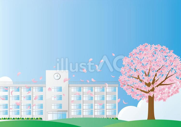 桜の木と学校の校舎の背景素材 春,桜,木のイラスト素材