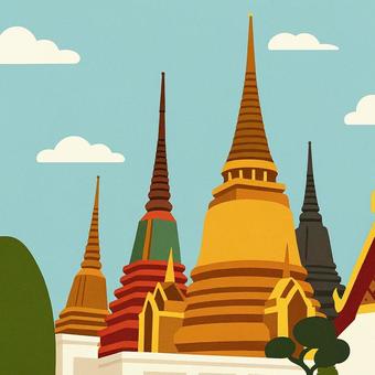 異国の空 黄金に輝くタイの尖塔 異国の空 黄金に輝くタイの尖塔 タイ,寺院,ワット,尖塔,仏塔,チェディ,仏教,アジア,東南アジア,風景のイラスト素材