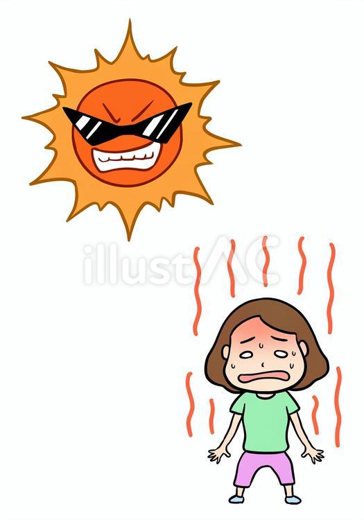 ギラギラした太陽とぐったりした女性 熱い,太陽,熱中症のイラスト素材