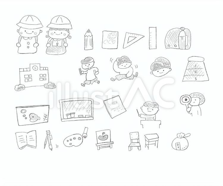 学校　白黒イラスト　セット 学校,白黒,セットのイラスト素材