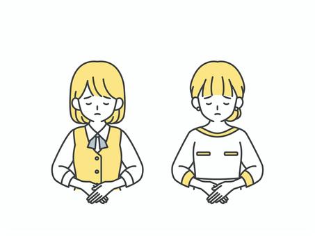 頭を下げて謝る受付と美容部員の女性 人物,女,おじぎ,ぺこり,すみません,謝る,お詫び,お断り,窓口,受付のイラスト素材