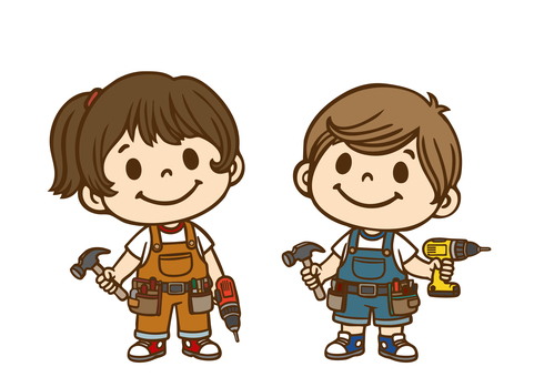 子供職業体験「大工さん」 大工,大工さん,棟梁,船大工,diy,工具,インパクト,金槌,トンカチ,ポーチのイラスト素材