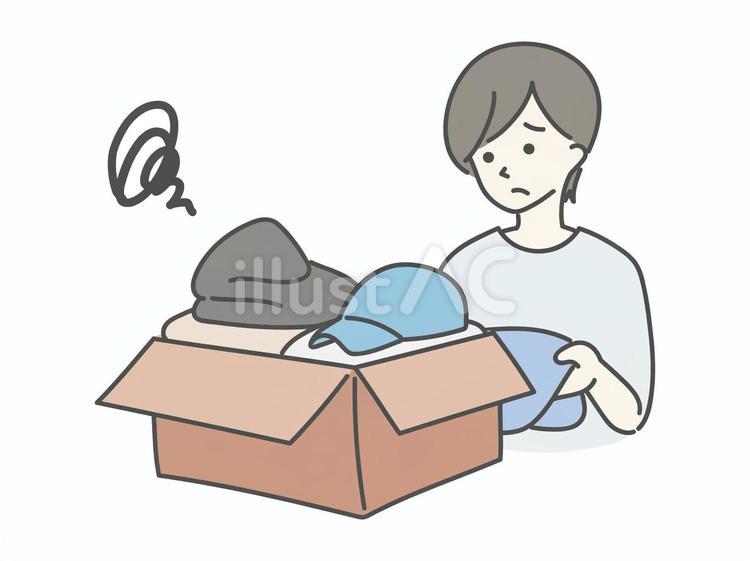 引越しの梱包に困る女性 ダンボール,段ボール,服のイラスト素材