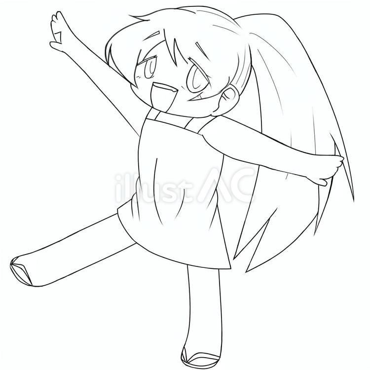【可愛い塗り絵】ポ二テワンピの女の子 人物,ミニキャラ,女性のイラスト素材