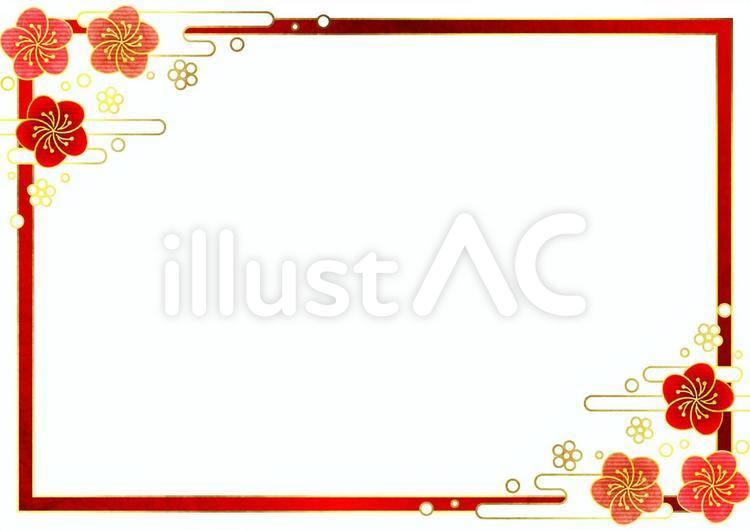 紅梅と雲のフォトフレームヨコ 梅の花,桜,金箔のイラスト素材