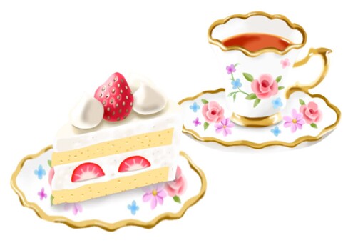 苺ショートとおしゃれなカップの紅茶 苺,ケーキ,紅茶,果物,喫茶,カフェ,おやつ,甘い,美味しい,スイーツのイラスト素材