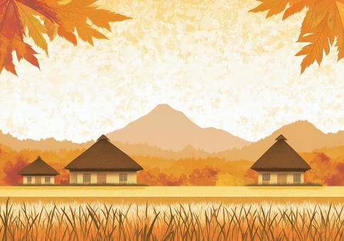 秋の紅葉の農村風景2