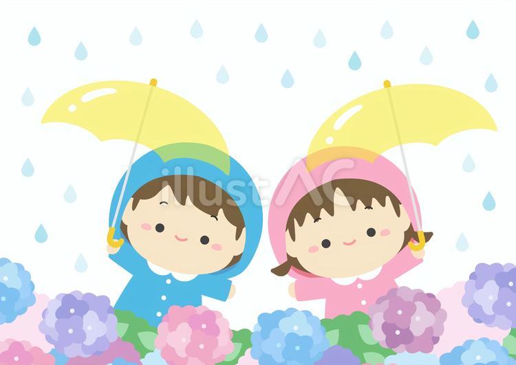 梅雨のイラスト　あじさいと子ども  梅雨,あじさい,紫陽花のイラスト素材