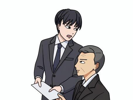 話しながら上司に書類を渡すスーツ姿の男性 会話,書類,渡す,提出,スーツ,男性,話,資料,上司,中年のイラスト素材