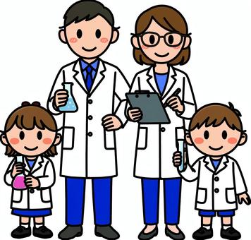 青の科学者の大人と子供です。 科学者,シンプル,白衣,実験,ラボ,フラスコ,化学,科学,発明,論文のイラスト素材