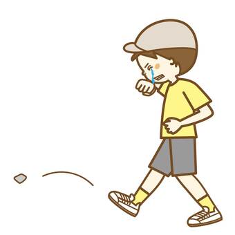 悔しがる少年1 子供,小学生,中学生,私服,帽子,放課後,学校,石,石ころ,蹴るのイラスト素材