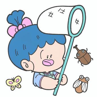 虫とりをする子どもの手描きイラスト 夏休み,虫とり,子ども,夏,7月,8月,手描き,かわいい,蝉,虫とり網のイラスト素材