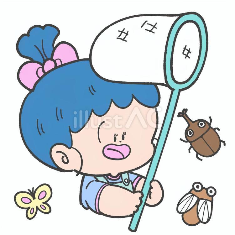 虫とりをする子どもの手描きイラスト 夏休み,虫とり,子どものイラスト素材
