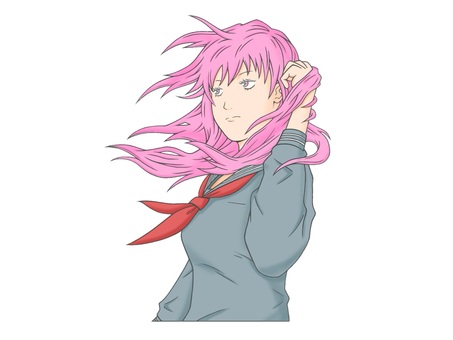 ピンクの髪色の制服姿の女子高生 セーラー服,ロングヘアー,高校生,制服,学生,萌え系,女性,手書き,可愛い,美人のイラスト素材