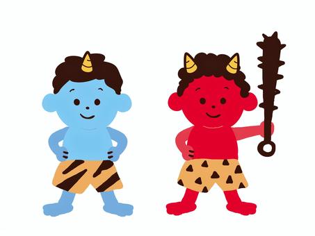 ２人組の鬼 節分,豆まき,立春,２月,行事,イベント,鬼,赤鬼,こん棒,こんぼうのイラスト素材
