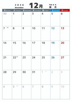 定番_2026_12_縦_月始 カレンダー,2026,12月,december,令和8年,月曜始め,二十四節気,定番,冬,記念日なしのイラスト素材