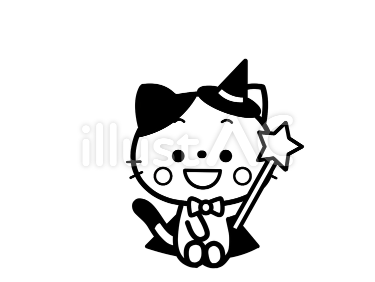 ハロウィン　魔法使い　ねこ　白黒 ハロウィン,かわいい,猫のイラスト素材