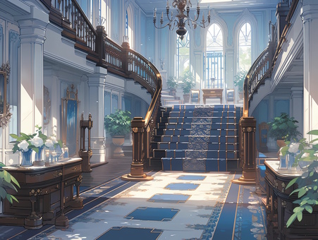 陽光射す豪華な青い階段と優美な廊下_背景