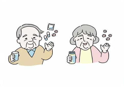 笑顔でお薬を持つ高齢男女 笑顔でお薬を持つ高齢男女 人物,生活,日常,日課,高齢者,おじいちゃん,おばあちゃん,中高年,中年,男性のイラスト素材
