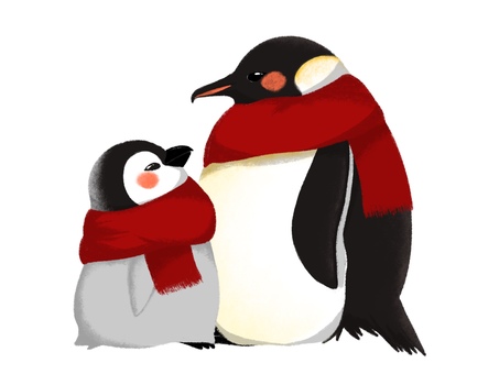 手描き風 ペンギン親子 マフラー