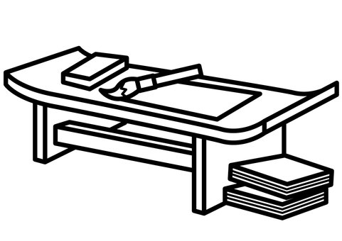 文机2-1c 文机,机,座卓,筆,紙,本,かわいい,シンプル,モノクロ,白黒のイラスト素材
