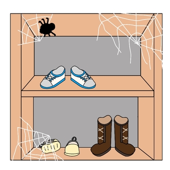 【短文カード】「く」の言葉③ 靴,靴箱,クモの巣,蜘蛛,言語聴覚療法,絵カード,構音,情景画のイラスト素材