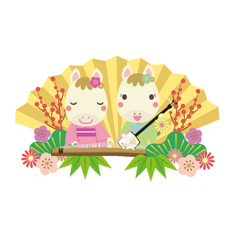 金屏風の前で箏と三味線を弾く午年の白馬 年賀状,午,2026年,三味線,箏曲,馬,箏,和楽器,三弦,お箏のイラスト素材