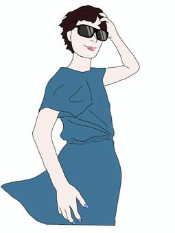 髪をなびかせる女性6 人物,女性,サングラス,ショートヘア,ワンピース,マニキュア,風のイラスト素材