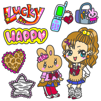 イケイケな平成ギャルセット 女子高生,女の子,うさぎ,平成,ギャル,gal,平成ギャル,ヒョウ柄,ゼブラ柄,y2kのイラスト素材