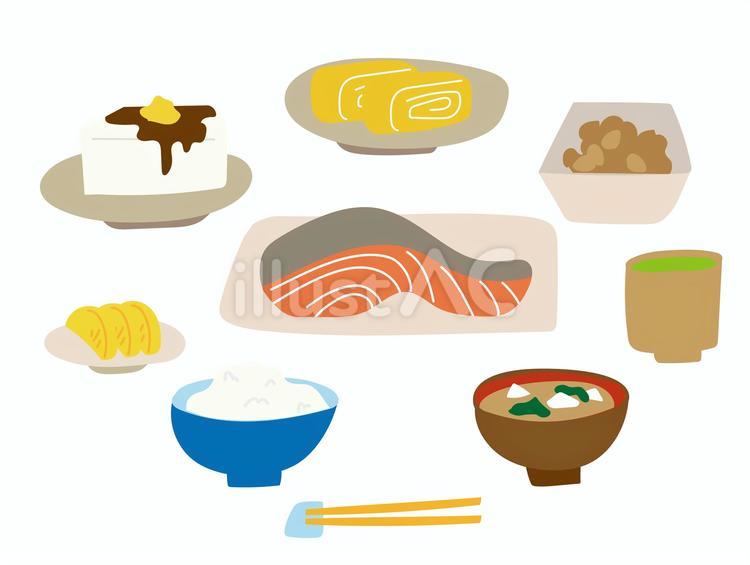 日本の朝食切り絵風イラストセット 和食,日本料理,朝食のイラスト素材