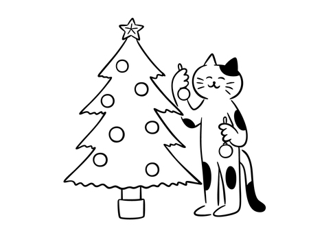 クリスマスツリーを飾る猫（モノクロ）