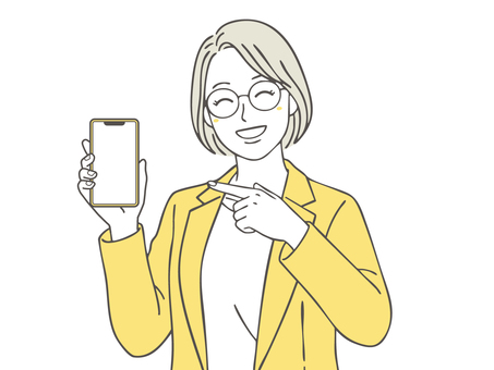 スマホを見せる女性2 スマホ,画面,スマートフォン,女性,見せる,おすすめ,女性社員,指差し,スーツ,若いのイラスト素材