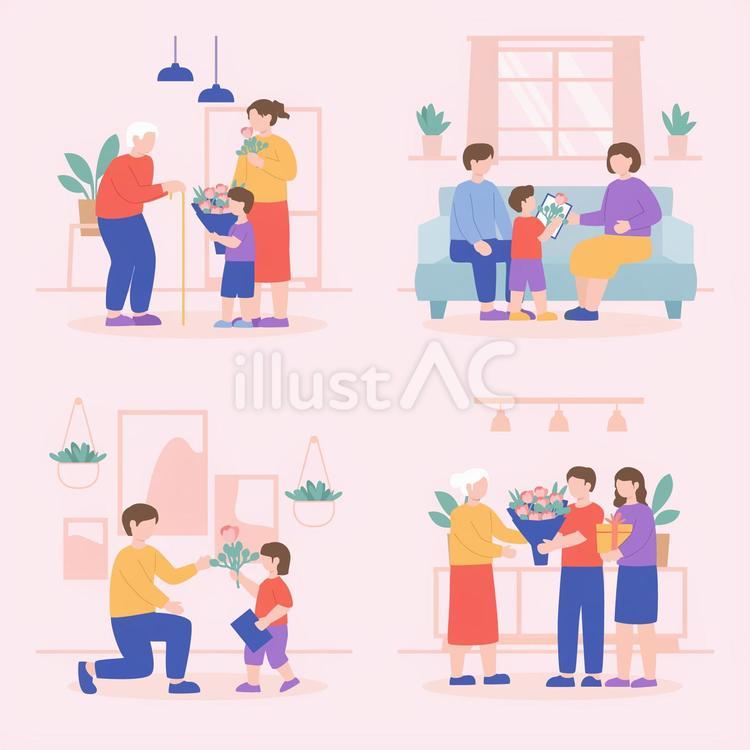 両親の日セット（父に花を渡す子供など） 両親の日,親子,家族のイラスト素材